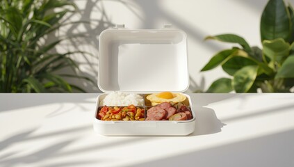 White lunch box with rice and vegetables, meal emphasizing healthy eating habits, Nutrition Month