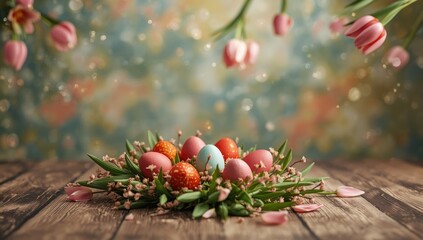 Colorfully decorated Easter eggs alongside a tulip bouquet, seasonal celebration scene