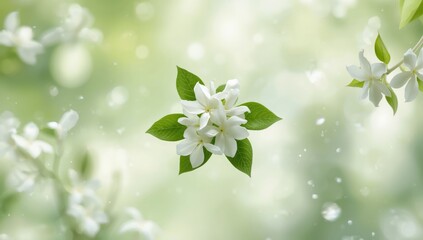 Green leafy jasmine background with white flowers, ideal for nature-themed text overlay or botanical header, Earth Day