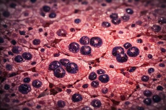 HE stained liver tissue illustrating polyploid hepatocytes characterized by nuclear enlargement and multinucleation
