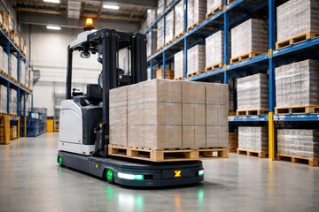 Naklejka premium Automated guided vehicle forklift moving heavy loads safely in industrial warehouse
