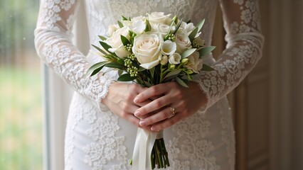 Bride holding a wedding bouquet of white roses. Close up of female hands with engagement ring and lace dress. Marriage concept