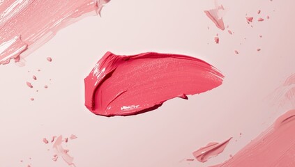 Acrylic paint smeared texture on pink background with lipstick swatch, suitable for cosmetics advertisement