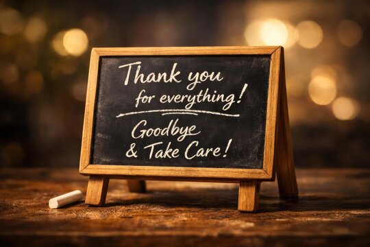 Mini chalkboard displaying thank you and farewell message on blurred backdrop