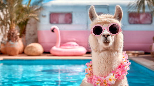 Llama wearing pink sunglasses and flower lei relaxing by the pool with flamingo float and camper in the background