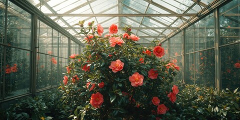 Vivid pink blossoms cultivated in a glass greenhouse used as a background for horticultural display, Earth Day