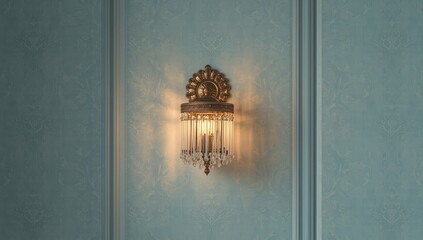 Vintage 1900s home featuring a wall-mounted lamp with crystals and copper details, historical interior decor