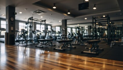Fototapeta premium Blurred background of modern gym interior with fitness equipment. Defocused workout room with machines and weights. Abstract sport concept