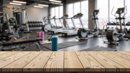 Empty wooden table top for product display with blurred gym background. Fitness center interior with workout equipment. Sport and healthy lifestyle concept