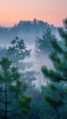 Misty Evergreen Forest at Dawn with Pastel Pink Sky