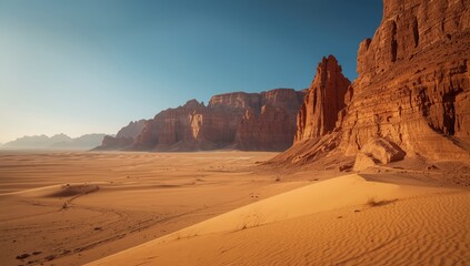 Naklejka premium Dunes and rocks in the Wadi Rum desert, serving as a background for geological study