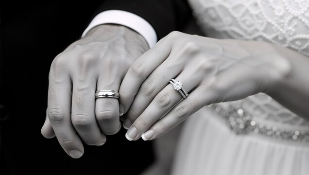 Close up of bride and groom hands wearing wedding rings. Black and white detail of diamond engagement ring and silver band. Marriage and love concept