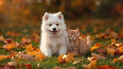Young Samoyed puppy and red kitten outdoors highlighting playful interaction in natural light