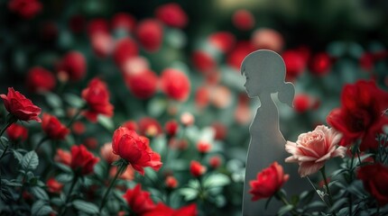 Girl silhouette among red roses in a garden with soft lighting during the evening hours