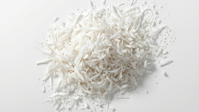 White backdrop with coconut flakes arranged for culinary or presentation purposes