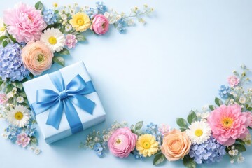 Blue ribboned gift surrounded by diverse flowers on blue background with copy space for memorable events