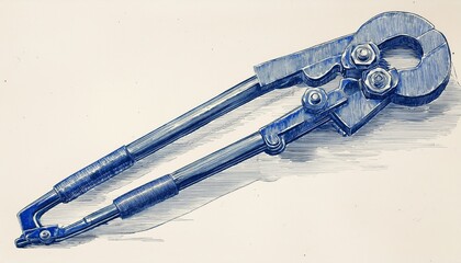 vintage sketch of a bolt cutter in blue ink on white background