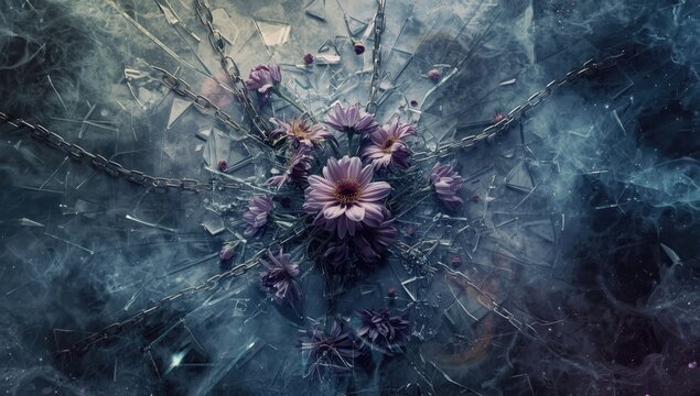 Colorful psychedelic artwork featuring broken chains, shattered glass, and wilted flowers, suitable for editorial covers