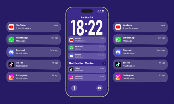 iOS Notification Center Mockup Displaying Lock Screen Alerts from YouTube WhatsApp Discord TikTok Instagram with App Notification Cards Time Widget and System Controls on iPhone