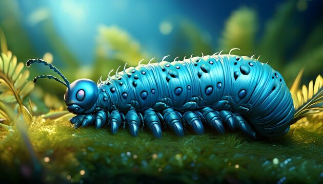 blue illustrated caterpillar crawling on grass with detailed features