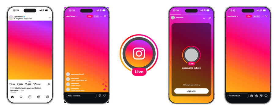 Instagram 2026 Live Broadcast Post Story and Reels Interface Mockup Showing Vertical Video Screens Live Ring Profile Overlay Comment Stream Reaction Icons and Real Time Interaction Flow