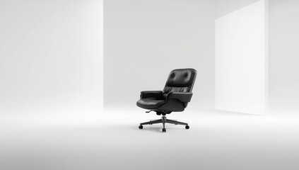 Black leather chair with sleek modern design on plain white backdrop, suitable for workspace decor