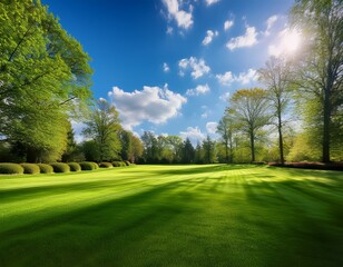 Obraz premium beautiful blurred background image of spring nature with a neatly trimmed lawn surrounded by trees against a blue sky with clouds on a bright sunny day