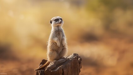 Fototapeta premium Wildlife photograph of a meerkat on a log, focusing on natural behavior and habitat, Earth Day