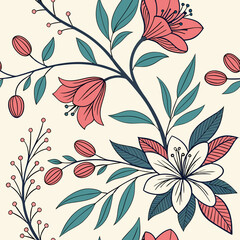 Fototapeta premium Exotic hand drawn flowers, seamless patterns with floral for fabric, textiles, clothing, wrapping paper, cover, banner, home decor, abstract backgrounds. Vector illustration.
