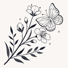 Fototapeta premium minimal botanical graphic sketch line art drawing, trendy tiny tattoo design, floral elements vector illustration