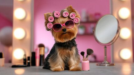 Yorkshire terrier with sunglasses and curlers sitting at vanity table with makeup accessories in pink room