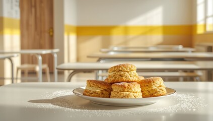 School breakfast setting with morning biscuits, focusing on student meal options and nutritional choices