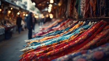 Vivid silk scarves laid out on a market stall, suitable for background in fashion layout or editorial design