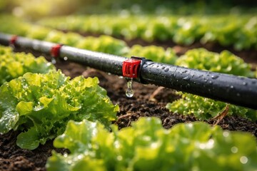 Close perspective of a drip irrigation system conserving water in a lush organic salad bed