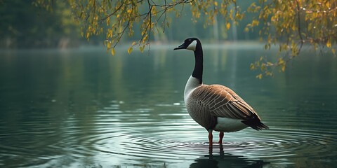 Hybrid male goose with mixed Anser anser and Branta canadensis traits, emphasizing natural animal features, wildlife preservation