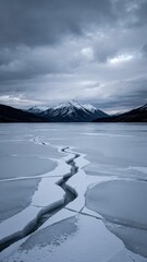 Dramatic Ice Crack on Cold Mountain Lake Under Stormy Sky