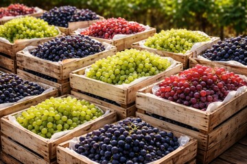Obraz premium Bountiful grape harvest packed in wooden crates for shipment