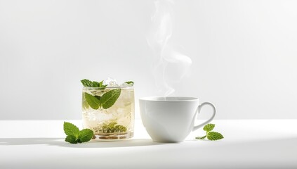 Herbal peppermint tea presented in hot and cold cups against a white backdrop, emphasizing healthy drinks, International Tea Day