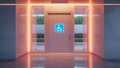 Public restroom entry featuring a low-threshold door and universal signage for inclusive access