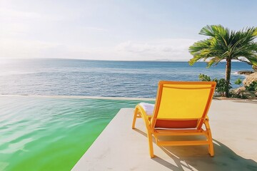 Tranquil oceanfront infinity pool with a vibrant yellow lounger in tropical paradise