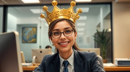 Business woman displays joy while wearing a crown in a modern office setting during the day