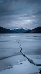 Winding Ice Fissure Across Frozen Winter Lake Beneath Snowy Mountains