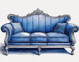 vintage sketch of a blue ink sofa with soft cushions and arms
