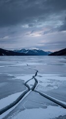 Dramatic Fissure Divides Frozen Lake Under Dark Winter Sky