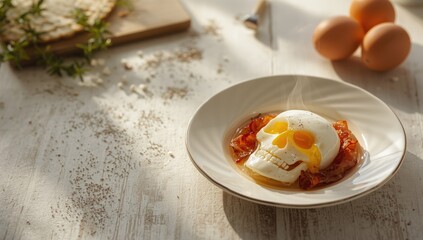 Skull motif fried eggs with bacon strips, designed for a Halloween breakfast or spooky cuisine display