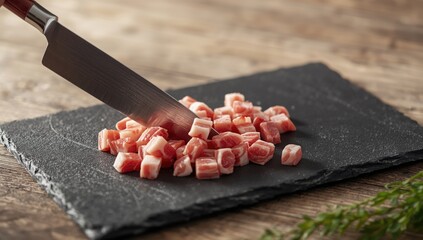 Kitchen knife slicing bacon cubes on a slate surface, focused on food handling and hygiene