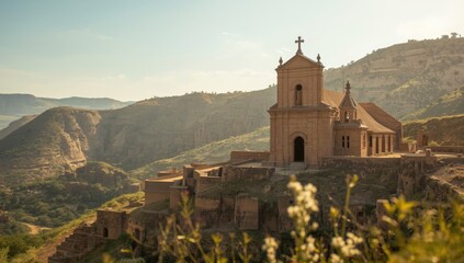 Stone church carved into the landscape with religious crosses and windows in Ethiopia, focusing on heritage preservation