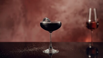 Black cocktail served in a stylish coupe glass topped with a large ice sphere, highlighting elegance and intrigue, International Drink Day