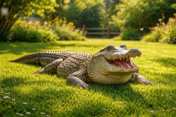 Cheerful crocodile pet lounging contentedly in sunlit green lawn on perfect summer full length