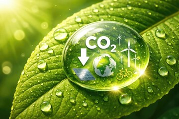 Figure illustrating carbon dioxide decrease on a green leaf with water drop highlighting smaller carbon footprint and circular economy climate response